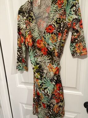 Tropical Floral Wrap Dress in Green and Orange